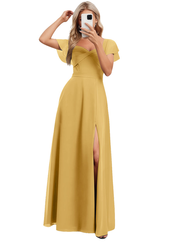 A-line V-Neck Floor-Length Chiffon Bridesmaid Dress With Ruffle