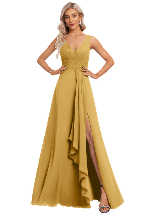 A-line V-Neck Floor-Length Chiffon Bridesmaid Dress with Ruffle