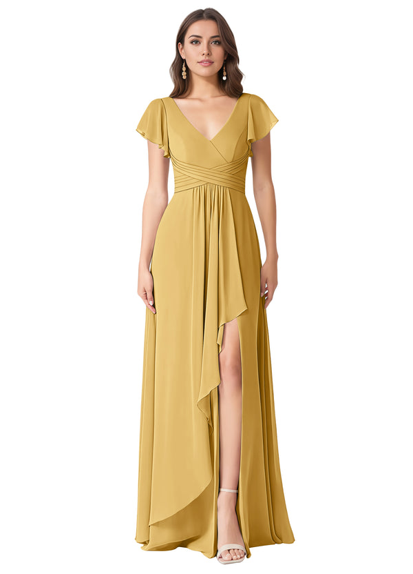 A-line V-Neck Floor-Length Chiffon Bridesmaid Dress With Ruffle