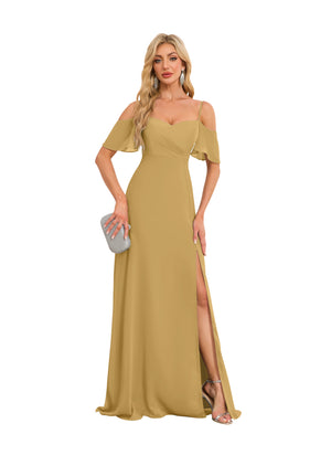 A-line Cold Shoulder Floor-Length Chiffon Bridesmaid Dress With Ruffle