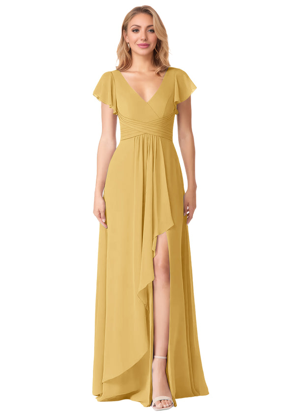 A-line V-Neck Floor-Length Chiffon Bridesmaid Dress With Ruffle