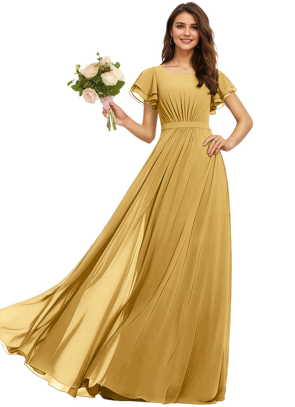 A-line Scoop Floor-Length Chiffon Bridesmaid Dress With Ruffle