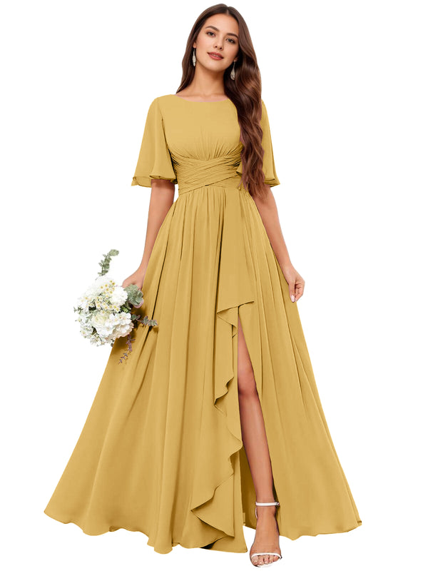 A-line Scoop Floor-Length Chiffon Bridesmaid Dress With Slit