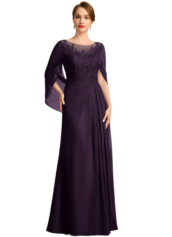 A-line Scoop Illusion Floor-Length Lace Chiffon Mother of the Bride Dress With Sequins Pleated