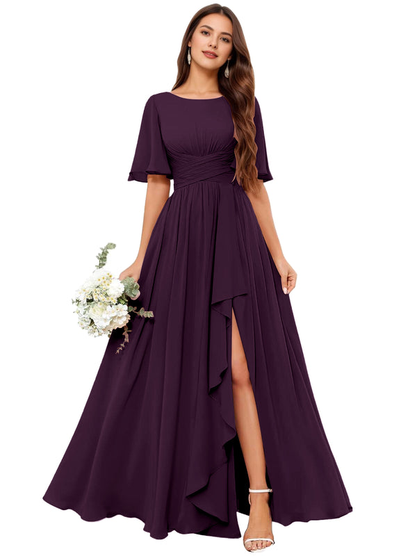 A-line Scoop Floor-Length Chiffon Bridesmaid Dress With Slit