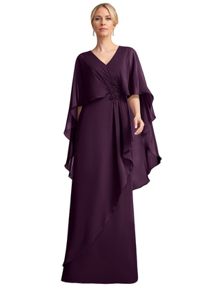 A-line V-Neck Floor-Length Chiffon Mother of the Bride Dress With Cascading Ruffles Beading