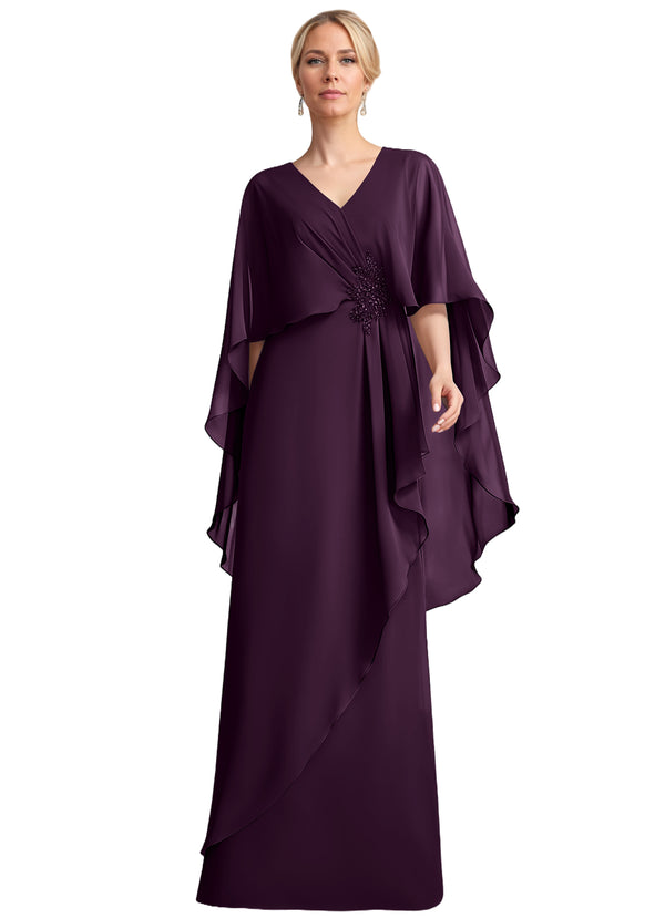 A-line V-Neck Floor-Length Chiffon Mother of the Bride Dress With Cascading Ruffles Beading