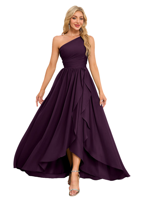 A-line One Shoulder Floor-Length Chiffon Bridesmaid Dress With Ruffle