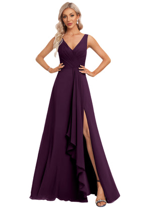 A-line V-Neck Floor-Length Chiffon Bridesmaid Dress with Ruffle