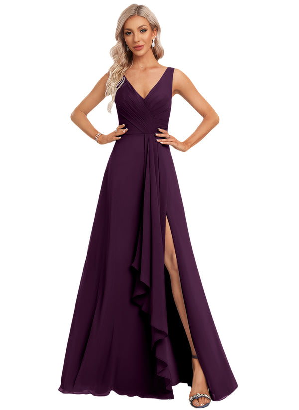 A-line V-Neck Floor-Length Chiffon Bridesmaid Dress with Ruffle