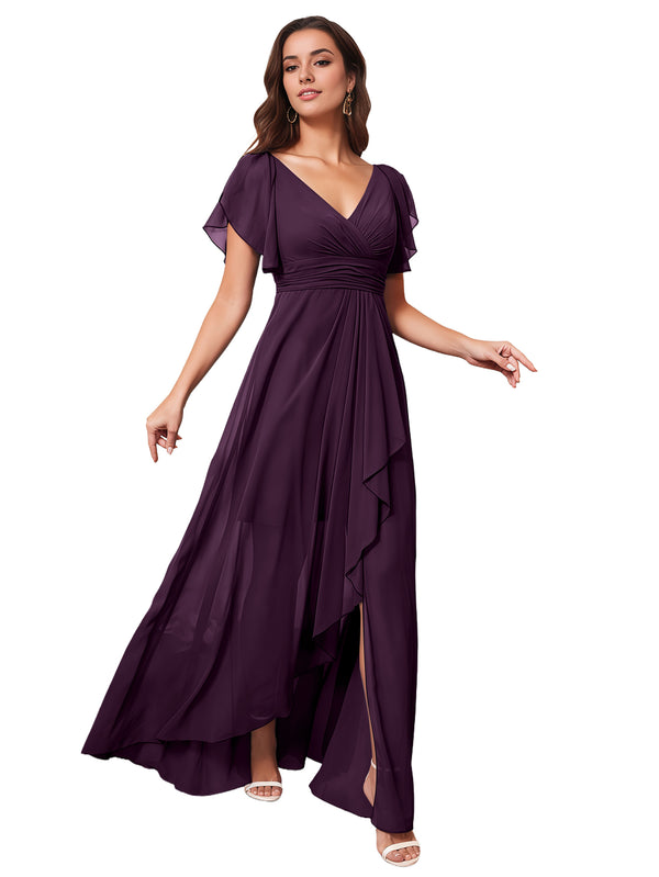 A-line V-Neck Floor-Length Chiffon Bridesmaid Dress With Ruffle