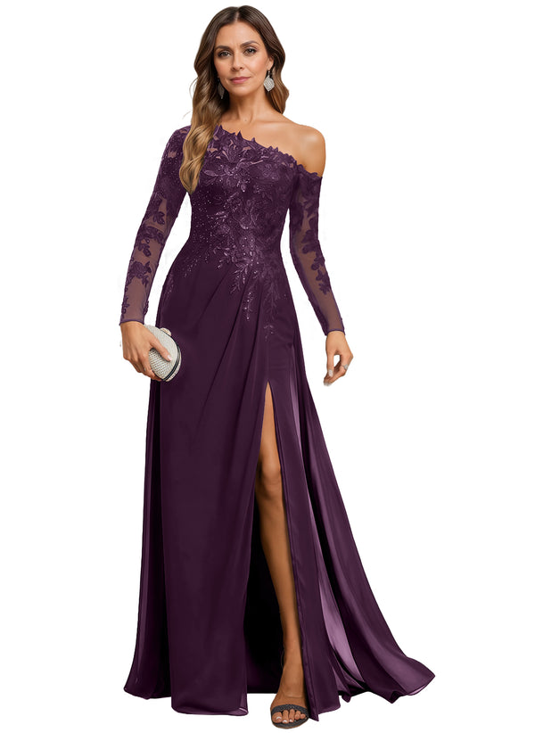Trumpet/Mermaid Asymmetrical Illusion Floor-Length Lace Chiffon Evening Dress With Sequins