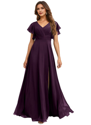 A-line V-Neck Floor-Length Chiffon Bridesmaid Dress With Ruffle