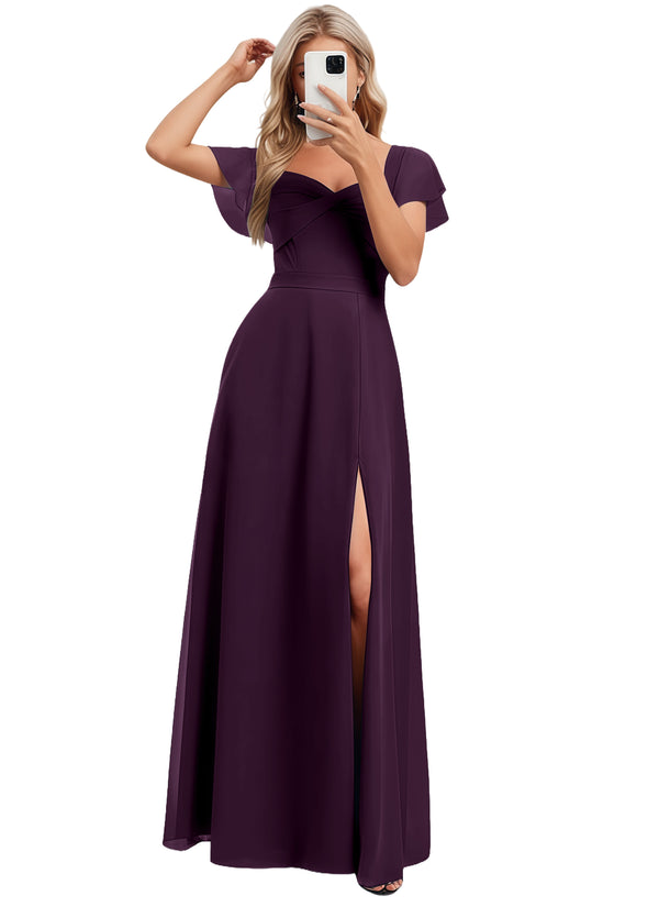 A-line V-Neck Floor-Length Chiffon Bridesmaid Dress With Ruffle