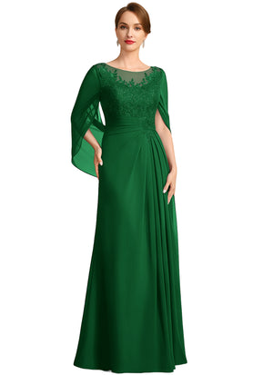 A-line Scoop Illusion Floor-Length Lace Chiffon Mother of the Bride Dress With Sequins Pleated