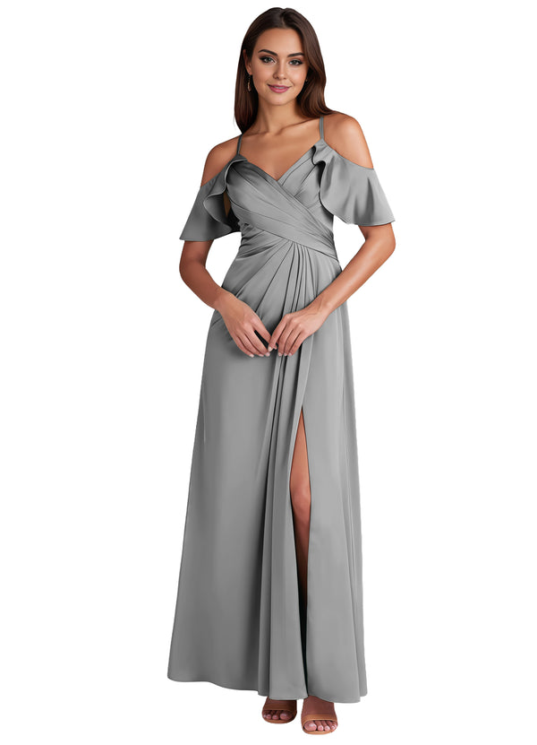 A-line Cold Shoulder Floor-Length Satin Bridesmaid Dress With Ruffle