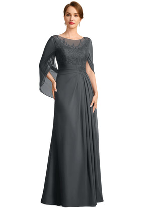 A-line Scoop Illusion Floor-Length Lace Chiffon Mother of the Bride Dress With Sequins Pleated