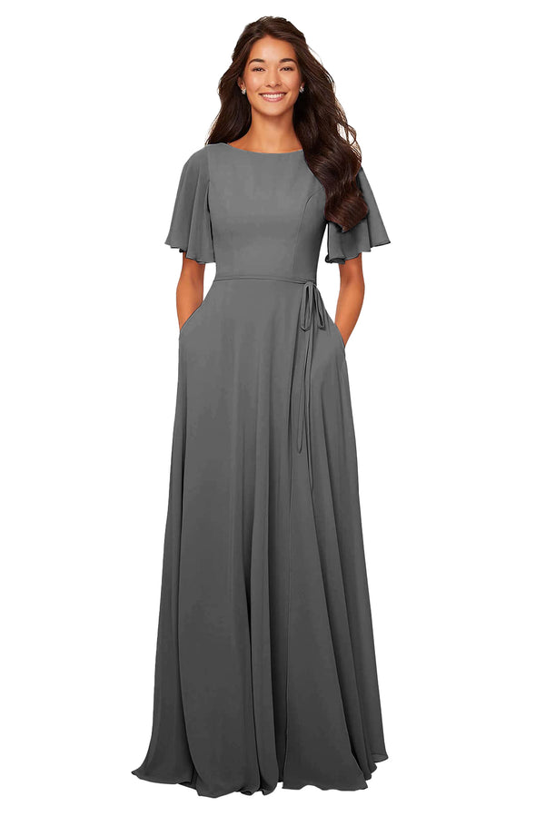 A-line Scoop Floor-Length Chiffon Bridesmaid Dress With Ruffle