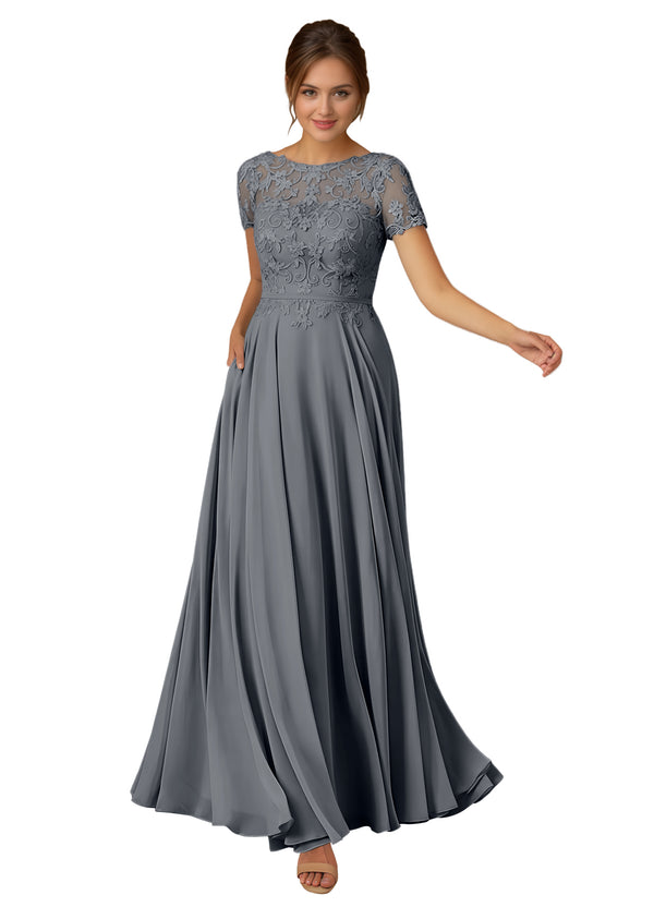 A-line Scoop Illusion Floor-Length Lace Chiffon Mother of the Bride Dress With Sequins