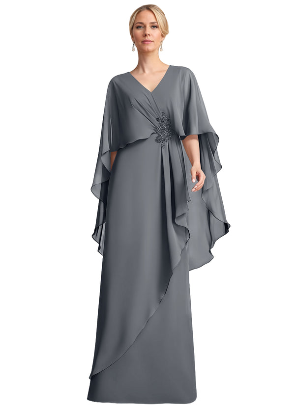 A-line V-Neck Floor-Length Chiffon Mother of the Bride Dress With Cascading Ruffles Beading