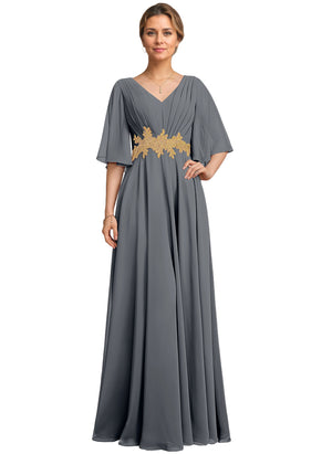 A-line V-Neck Floor-Length Chiffon Lace Mother of the Bride Dress With Sequins Beading