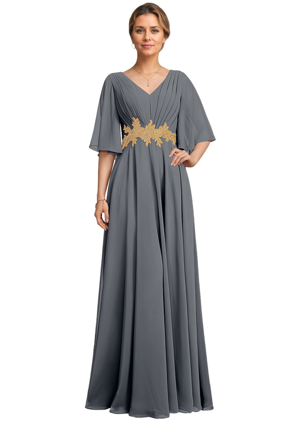 A-line V-Neck Floor-Length Chiffon Lace Mother of the Bride Dress With Sequins Beading