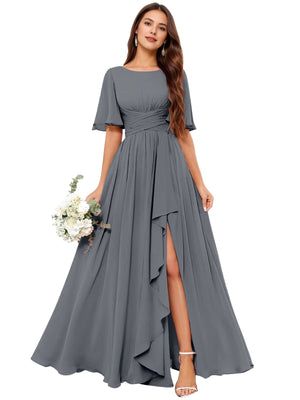 A-line Scoop Floor-Length Chiffon Bridesmaid Dress With Slit