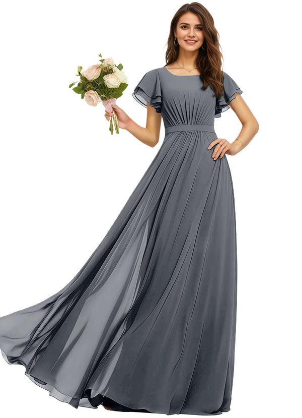 A-line Scoop Floor-Length Chiffon Bridesmaid Dress With Ruffle
