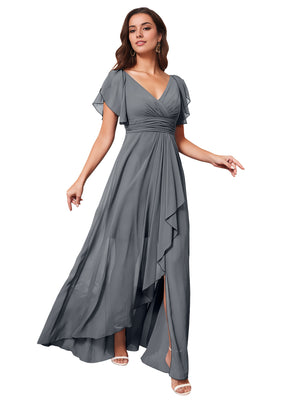 A-line V-Neck Floor-Length Chiffon Bridesmaid Dress With Ruffle