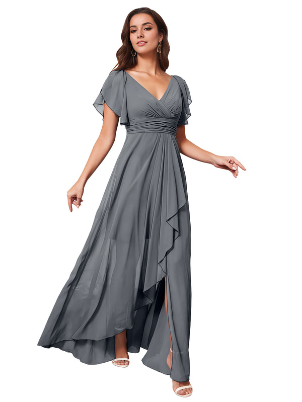 A-line V-Neck Floor-Length Chiffon Bridesmaid Dress With Ruffle