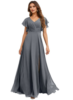 A-line V-Neck Floor-Length Chiffon Bridesmaid Dress With Ruffle