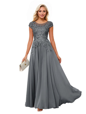 A-line Scoop Illusion Floor-Length Lace Chiffon Mother of the Bride Dress With Sequins