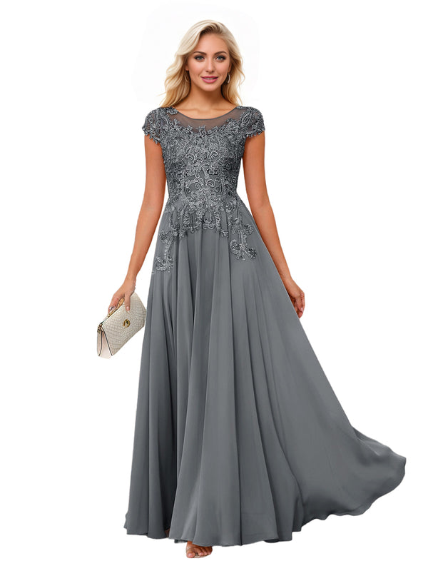 A-line Scoop Illusion Floor-Length Lace Chiffon Mother of the Bride Dress With Sequins