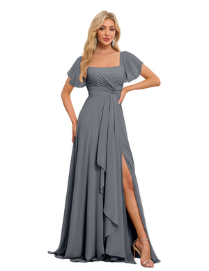 A-line Square Asymmetrical Chiffon Bridesmaid Dress