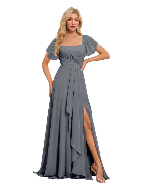 A-line Square Asymmetrical Chiffon Bridesmaid Dress