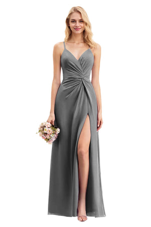 A-line V-Neck Floor-Length Chiffon Bridesmaid Dress With Ruffle