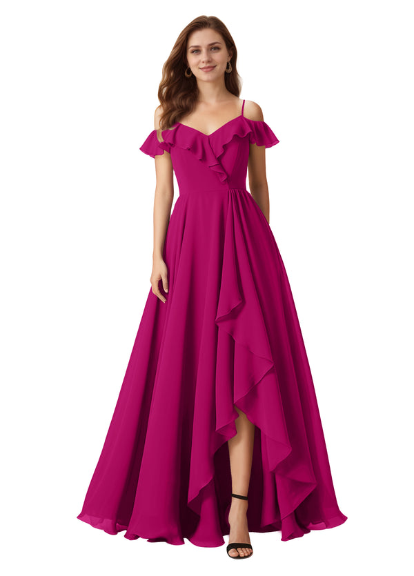 A-line Cold Shoulder Floor-Length Chiffon Bridesmaid Dress With Ruffle