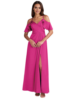 A-line Cold Shoulder Floor-Length Satin Bridesmaid Dress With Ruffle
