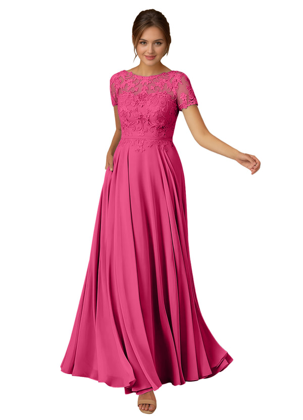 A-line Scoop Illusion Floor-Length Lace Chiffon Mother of the Bride Dress With Sequins