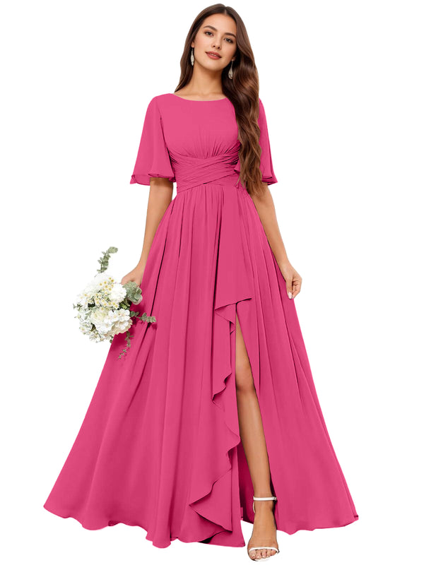 A-line Scoop Floor-Length Chiffon Bridesmaid Dress With Slit