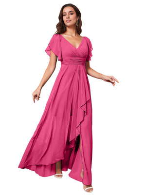 A-line V-Neck Floor-Length Chiffon Bridesmaid Dress With Ruffle