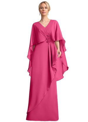 A-line V-Neck Floor-Length Chiffon Mother of the Bride Dress With Cascading Ruffles Beading
