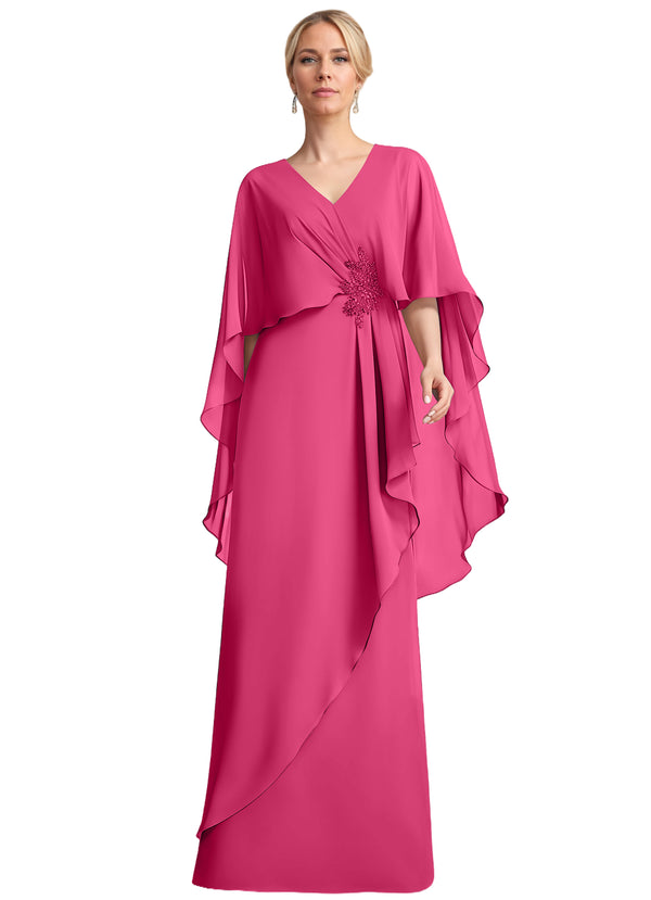 A-line V-Neck Floor-Length Chiffon Mother of the Bride Dress With Cascading Ruffles Beading