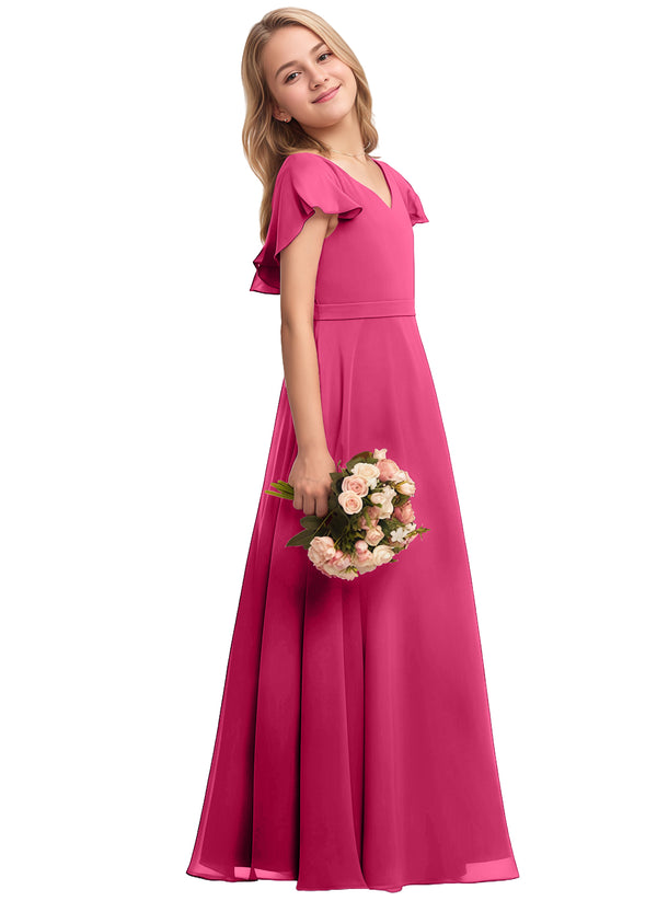 A-line V-Neck Floor-Length Chiffon Junior Bridesmaid Dress