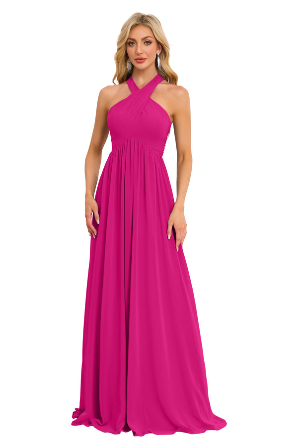 A-line Halter Floor-Length Chiffon Bridesmaid Dress With Ruffle