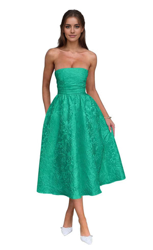 A-Line Strapless Tea-Length Jacquard Prom Dresses