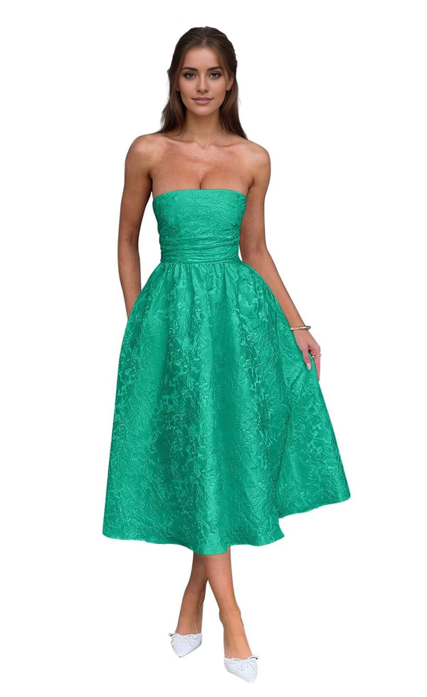A-Line Strapless Tea-Length Jacquard Prom Dresses
