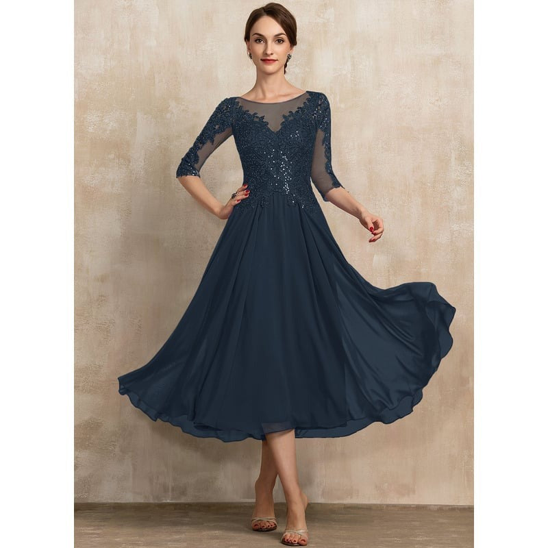 A-line Scoop Illusion Tea-Length Lace Chiffon Mother of the Bride Dress With Sequins