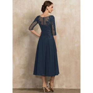 A-line Scoop Illusion Tea-Length Lace Chiffon Mother of the Bride Dress With Sequins