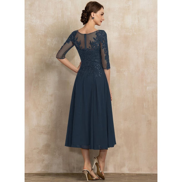 A-line Scoop Illusion Tea-Length Lace Chiffon Mother of the Bride Dress With Sequins